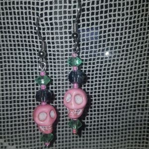 Pink Stone Skull Earrings Green Grey Crystals